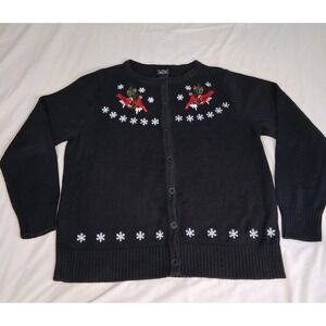 Crystal‎ Kobe Black Sz L Button Up Sweater Festive Holiday Cardinal Christmas